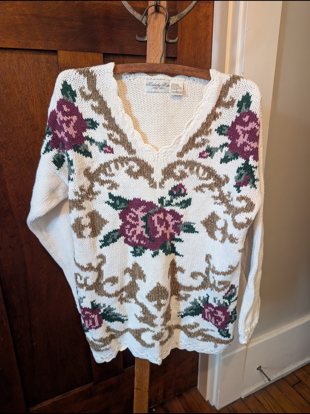 Floral V-Neck Knit Sweater in White with Rose Motif